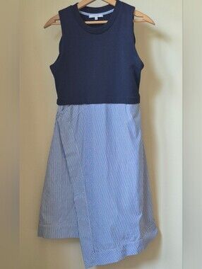Carven Navy Blue & Stripe Mixed Media Asymmetric Dress Size M